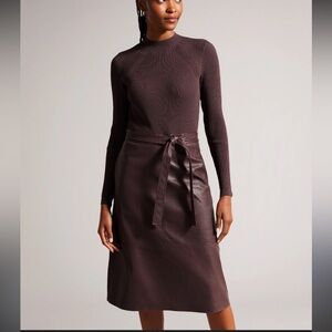 Ted Baker London Alltaa Mixed Media Faux Leather Knee Long Sleeve Dress 3